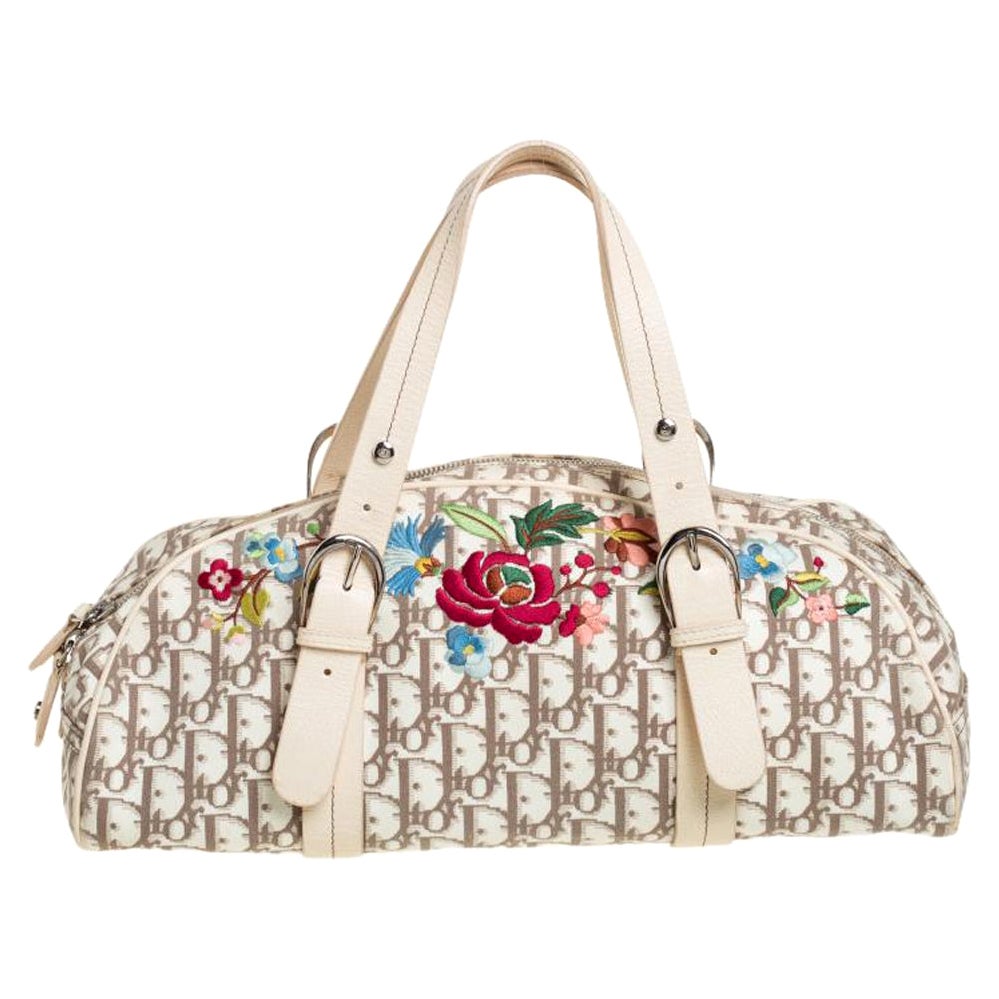 Dior White Dior Oblique Floral Canvas And Leather Boston Bag