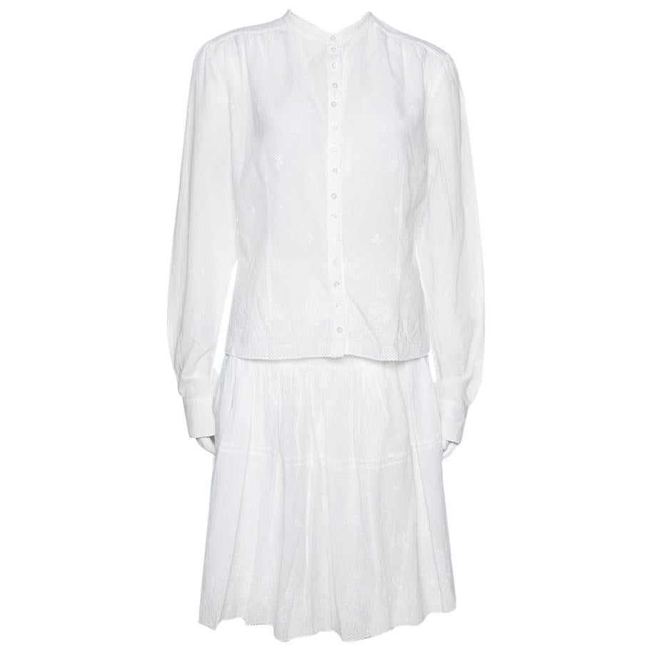 Dior White Embroidered Cotton Skirt & Top Set L