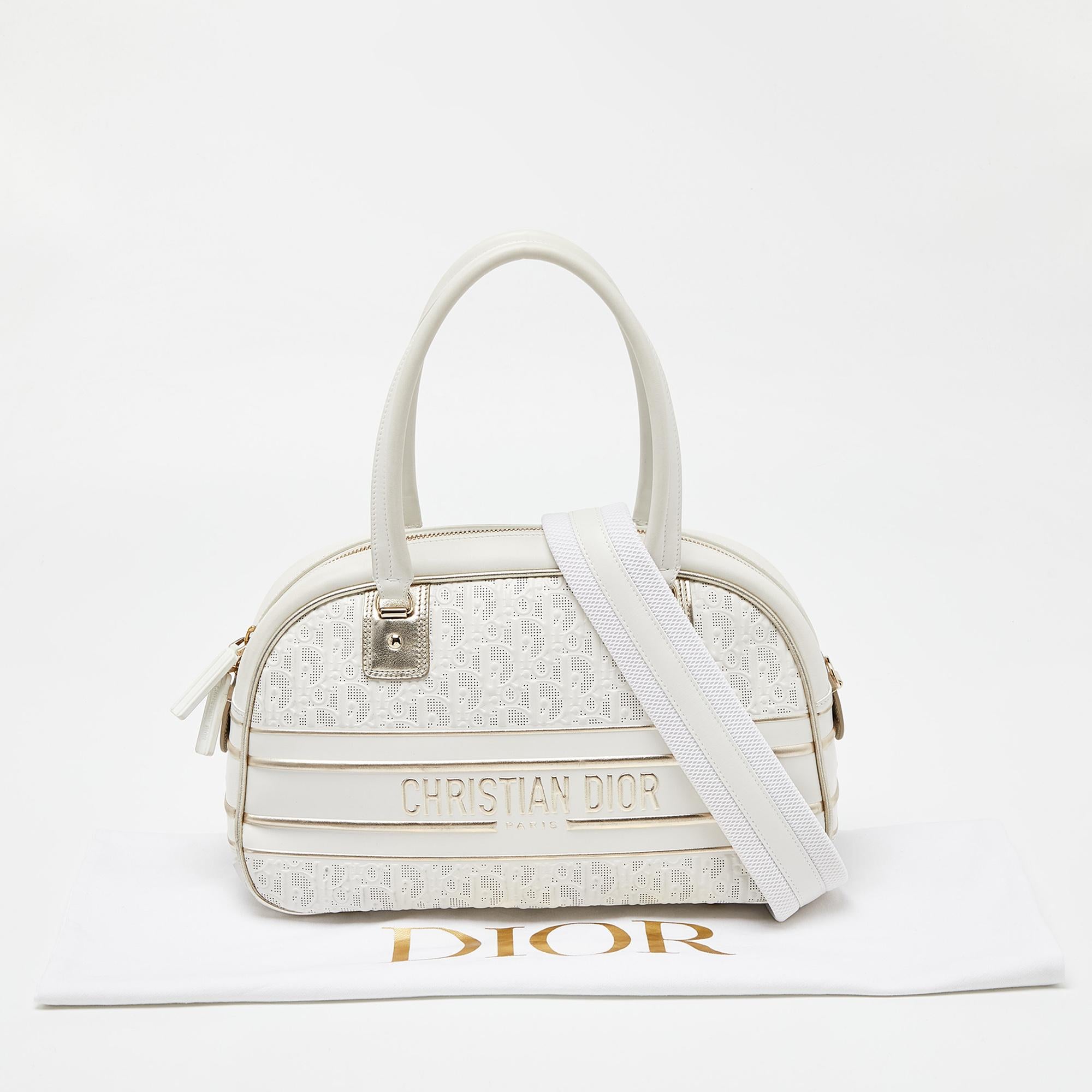 Dior White/Gold Perforated Oblique Leather and Rubber Medium Vibe Bowler Bag 10