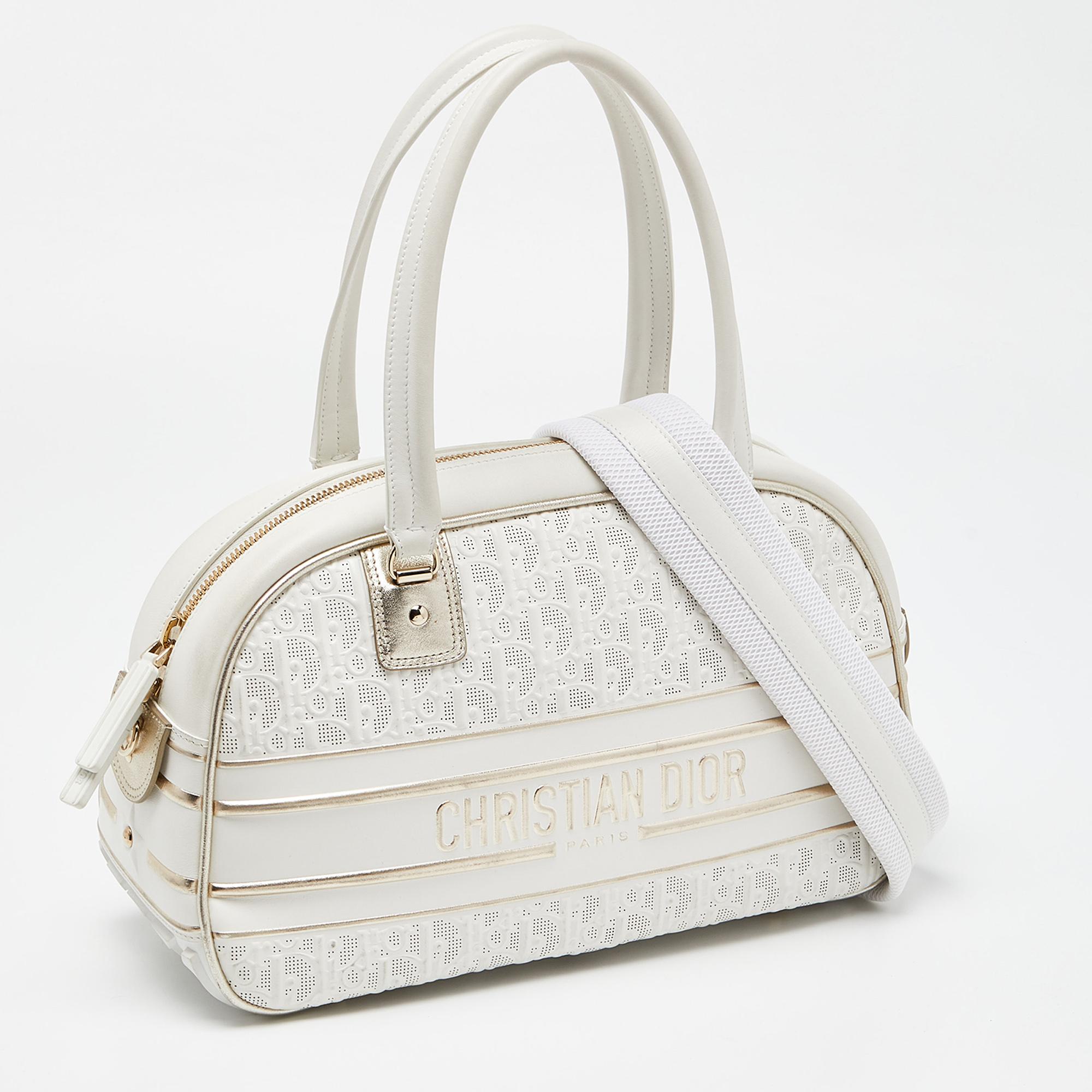 Women's Dior White/Gold Perforated Oblique Leather and Rubber Medium Vibe Bowler Bag