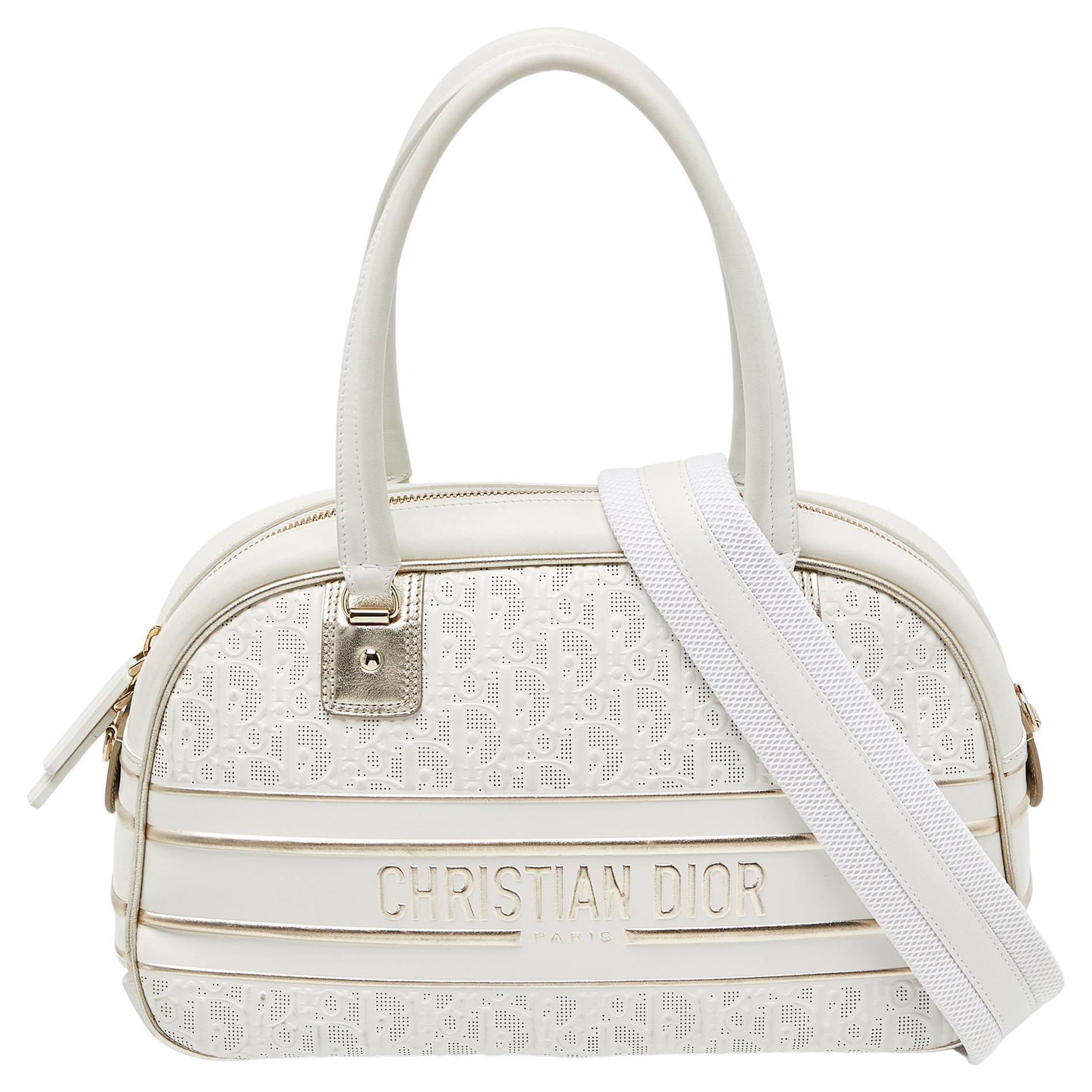 Dior White/Gold Perforated Oblique Leather and Rubber Medium Vibe Bowler Bag