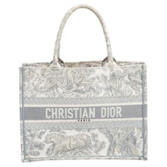 Used Dior White/Grey Embroidered Canvas Toile de Jouy Book Tote