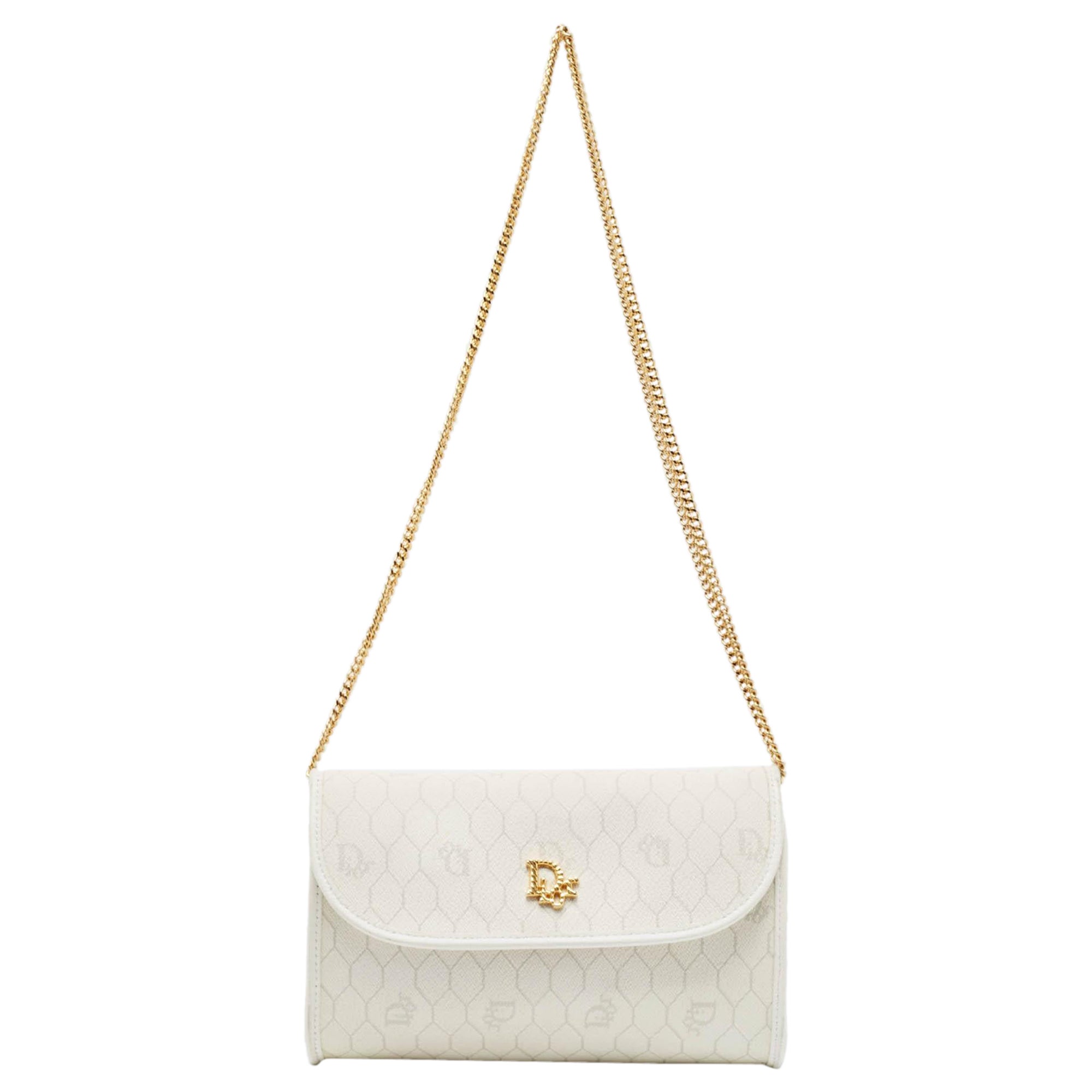 Dior White Honeycomb Monogram Coated Canvas and Leather Chain Clutch