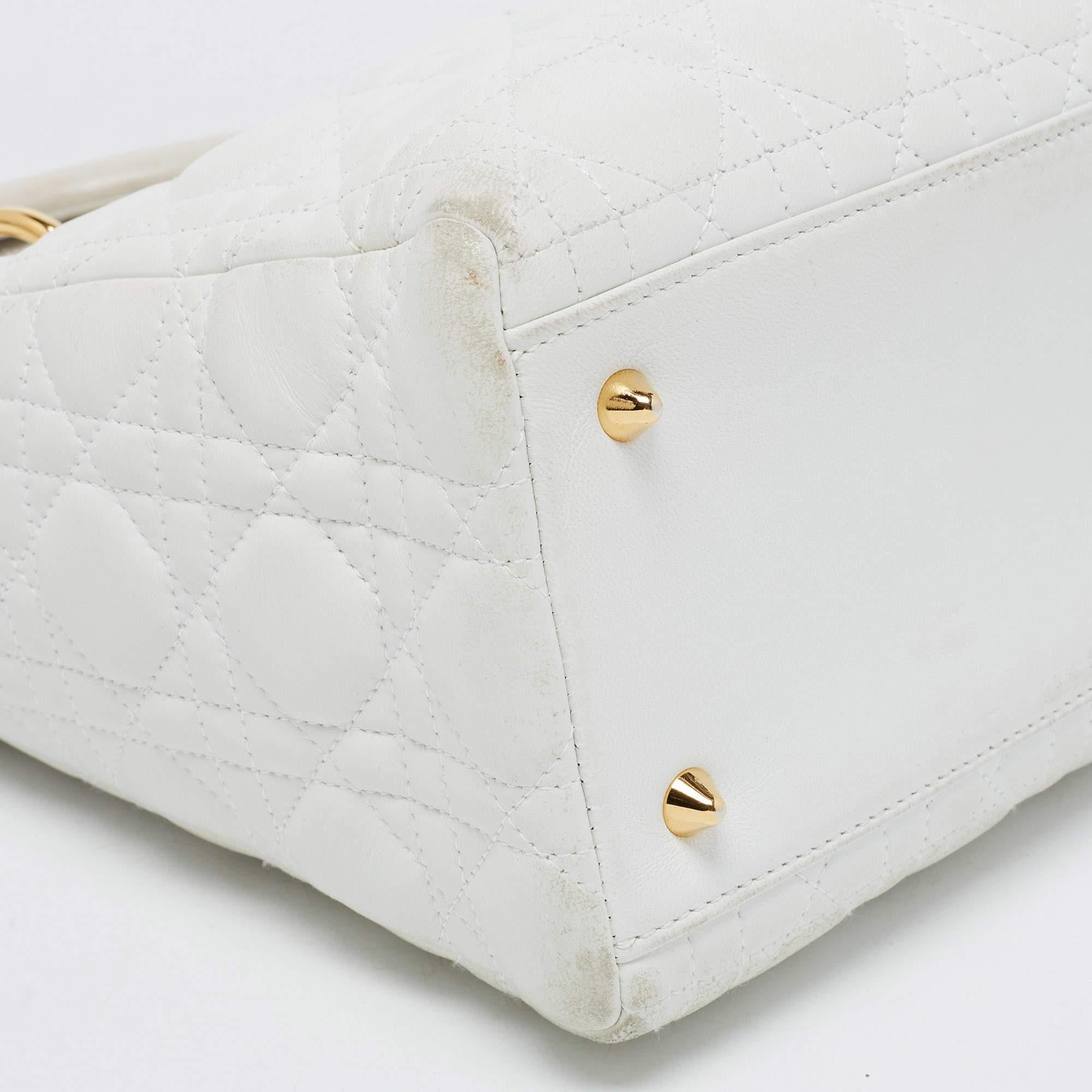 Dior White Lambskin Leather Medium Lady Dior Tote Bag 7