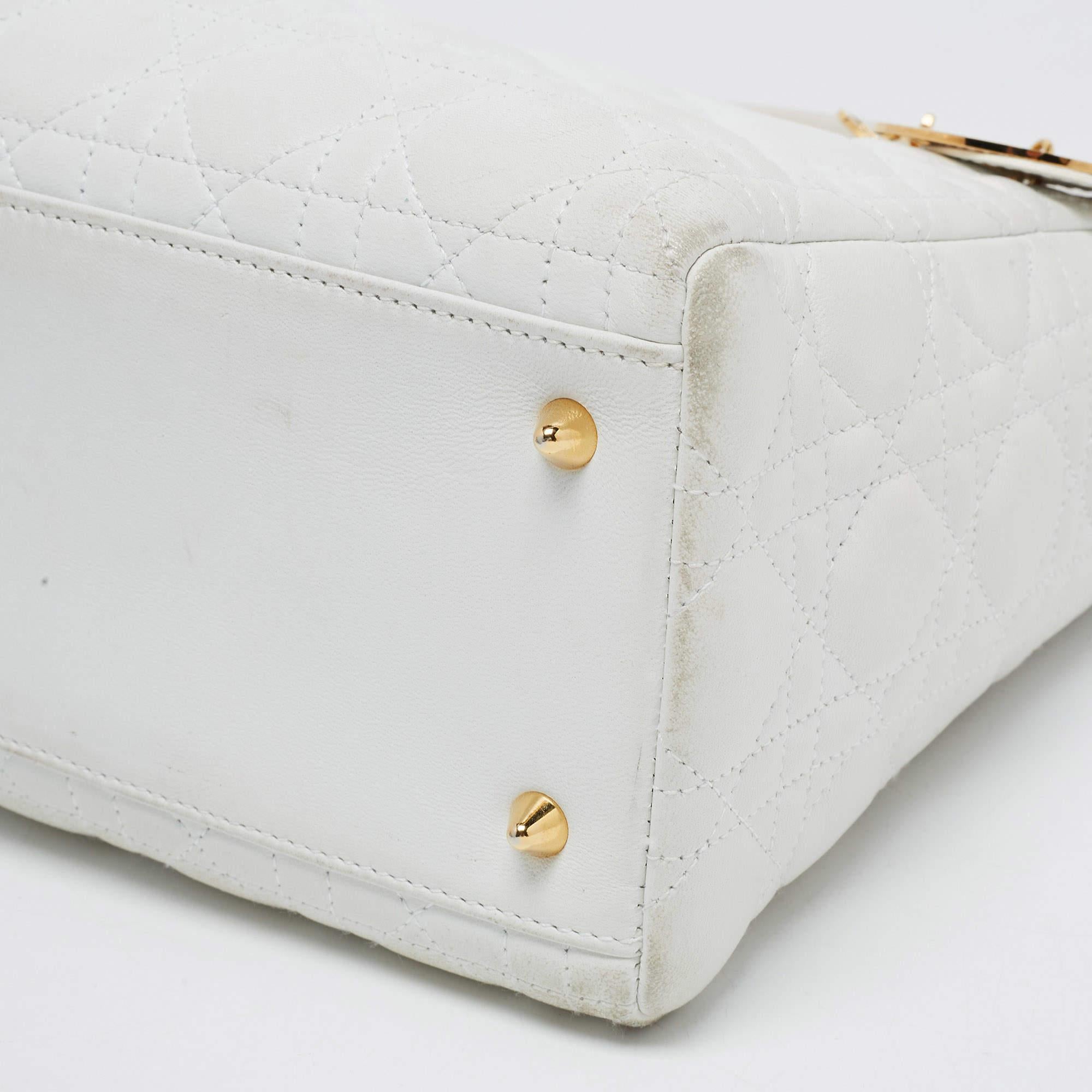 Dior White Lambskin Leather Medium Lady Dior Tote Bag 8