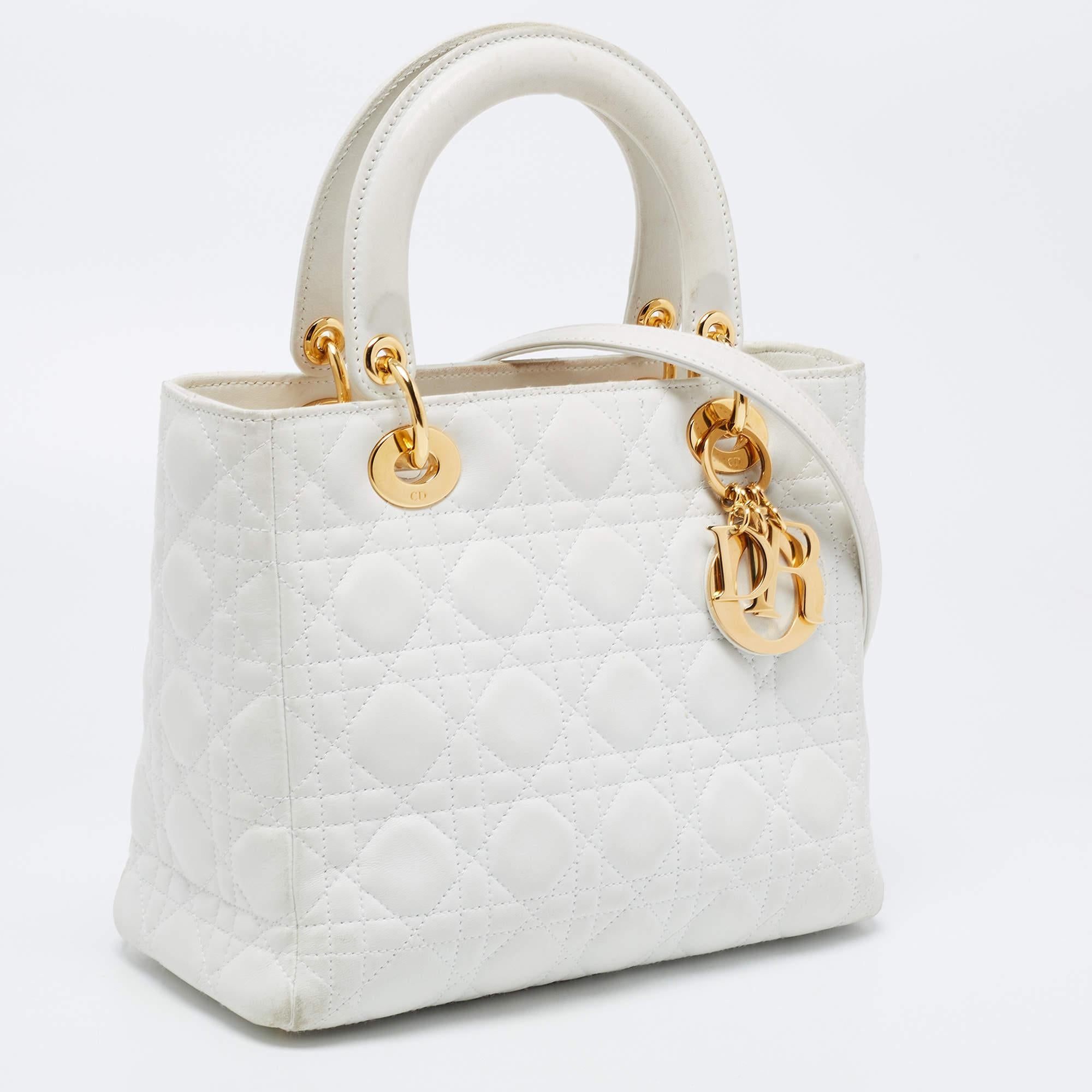 Gray Dior White Lambskin Leather Medium Lady Dior Tote Bag