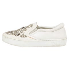 Dior White Leather and Canvas Crystal Embellished Slip On Sneakers Size 36