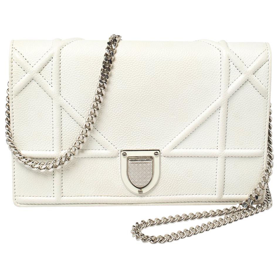 Dior White Leather Diorama Wallet on Chain