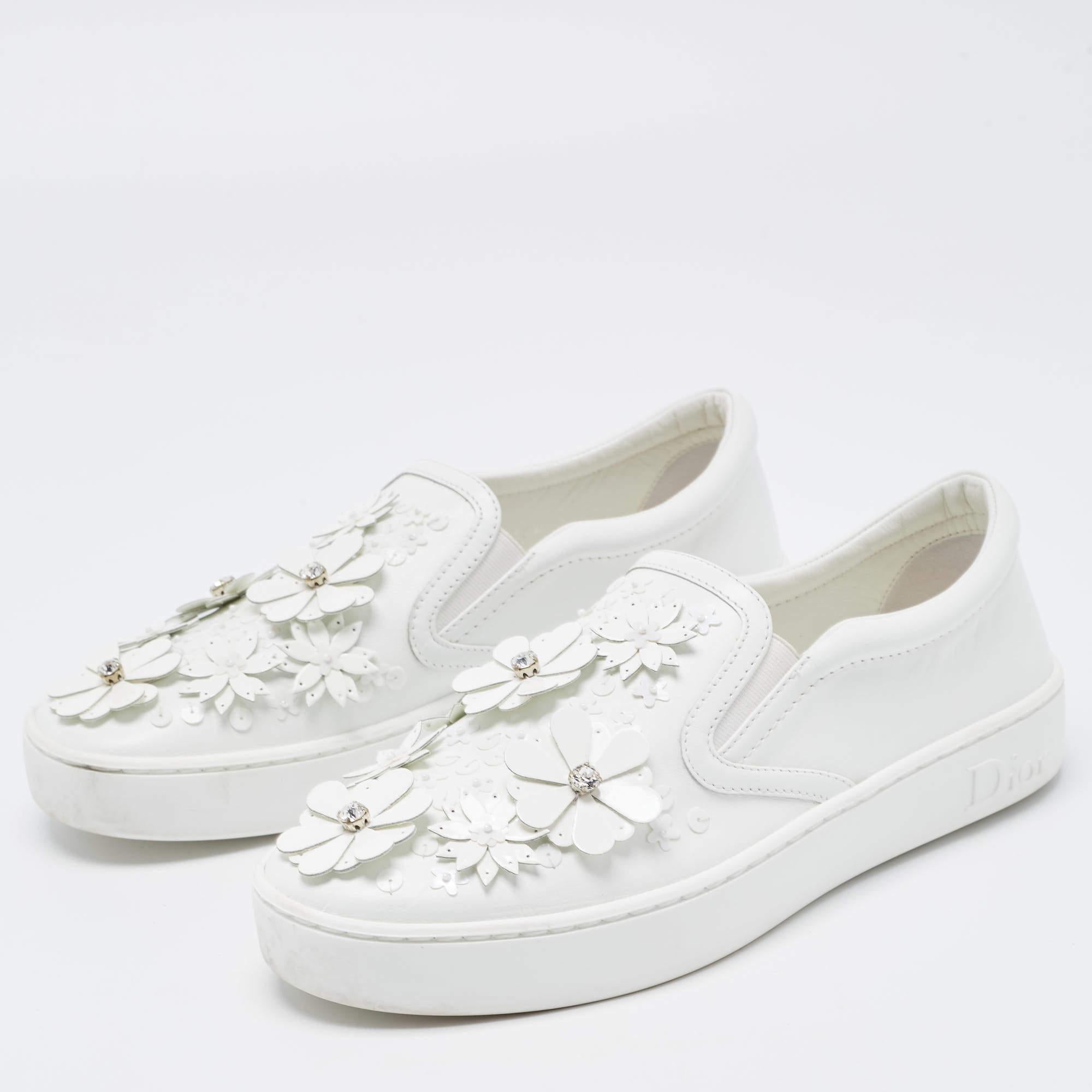 Dior White Leather Floral Crystal Embellished Slip On Sneakers Size 37 3