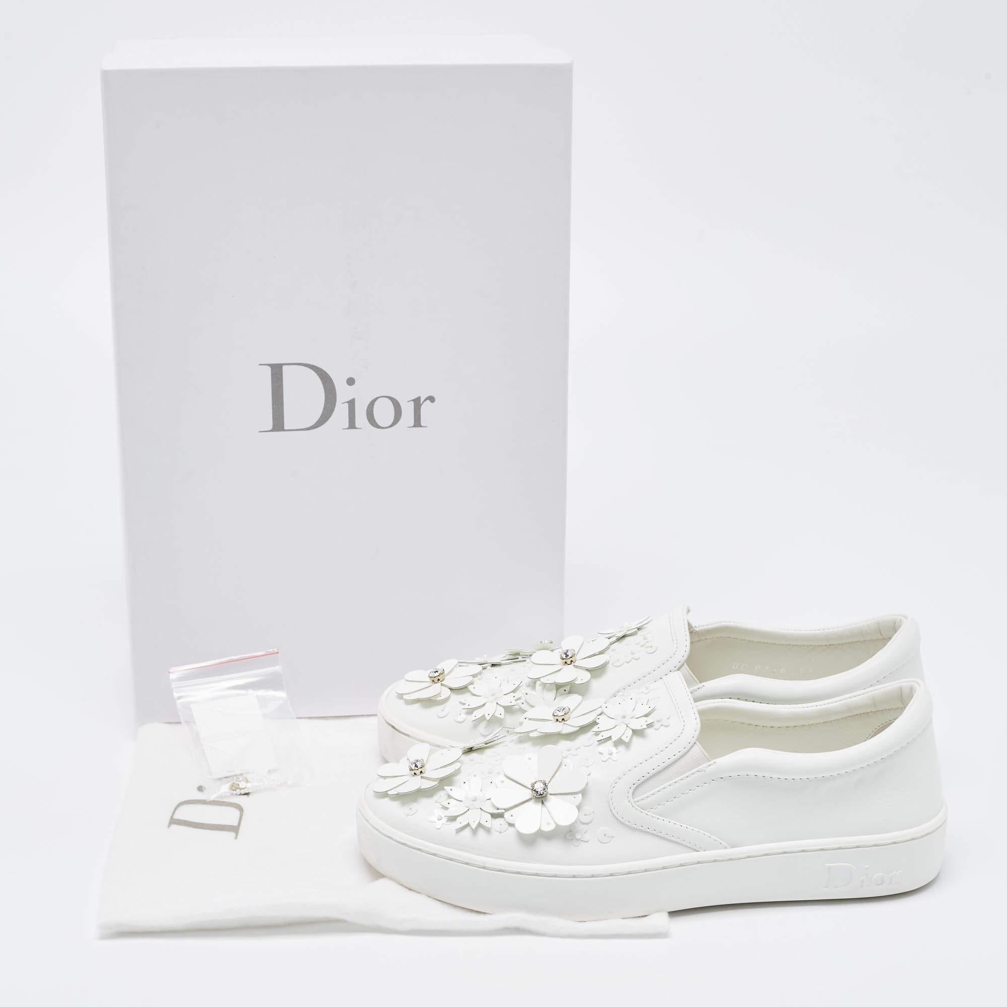 Dior White Leather Floral Crystal Embellished Slip On Sneakers Size 37 4