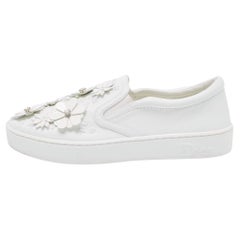 Dior White Leather Floral Crystal Embellished Slip On Sneakers Size 37