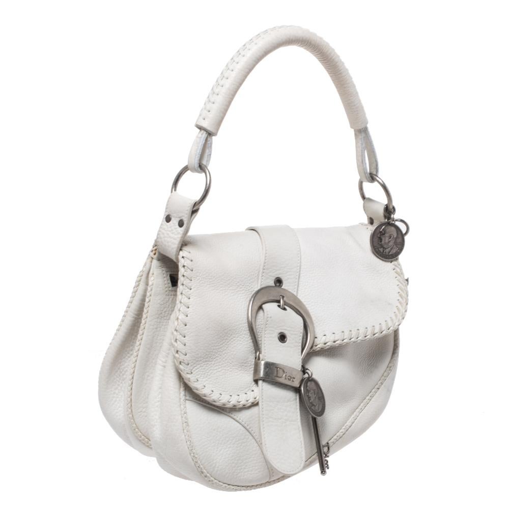 Dior Gaucho Double Saddle Bag aus weißem Leder im Zustand „Relativ gut“ in Dubai, Al Qouz 2