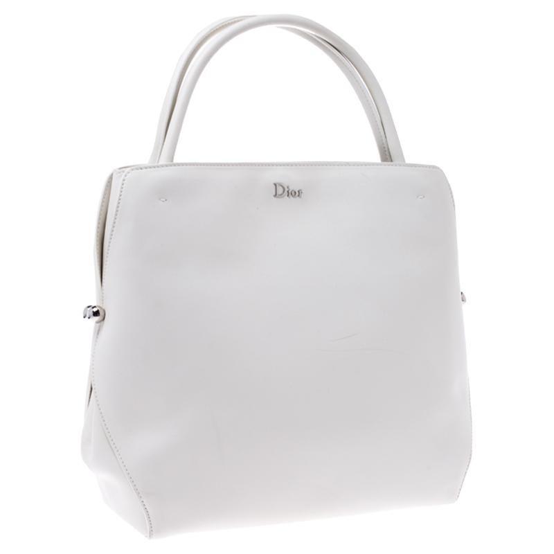 Dior White Leather Medium Bar Tote In Excellent Condition In Dubai, Al Qouz 2