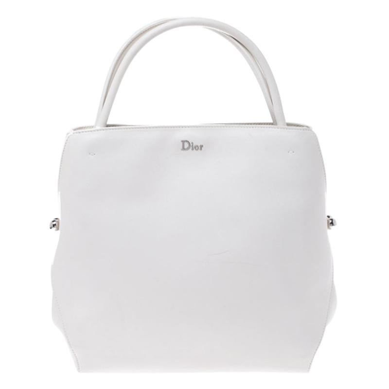 Dior White Leather Medium Bar Tote