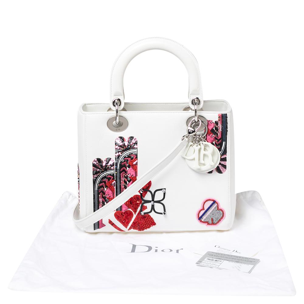 Dior White Leather Medium Heart Patch Embellished Lady Dior Tote 5