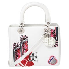 Dior White Leather Medium Heart Patch Embellished Lady Dior Tote