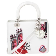 Dior White Leather Medium Heart Patch Embellished Lady Dior Tote