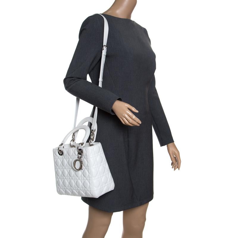 Gray Dior White Leather Medium Lady Dior Tote