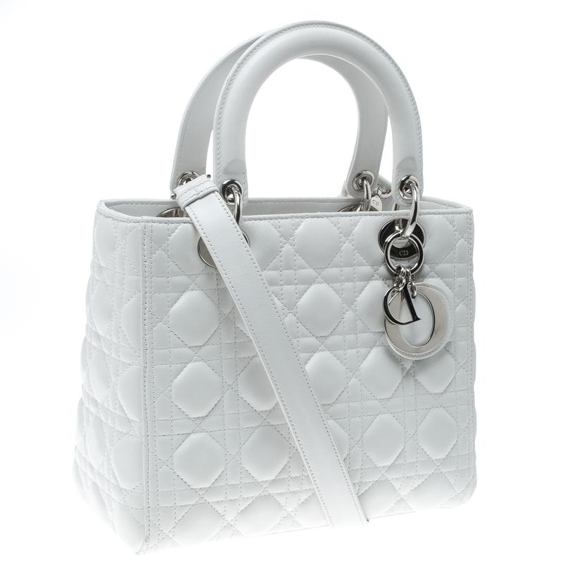 Women's Dior White Leather Medium Lady Dior Tote
