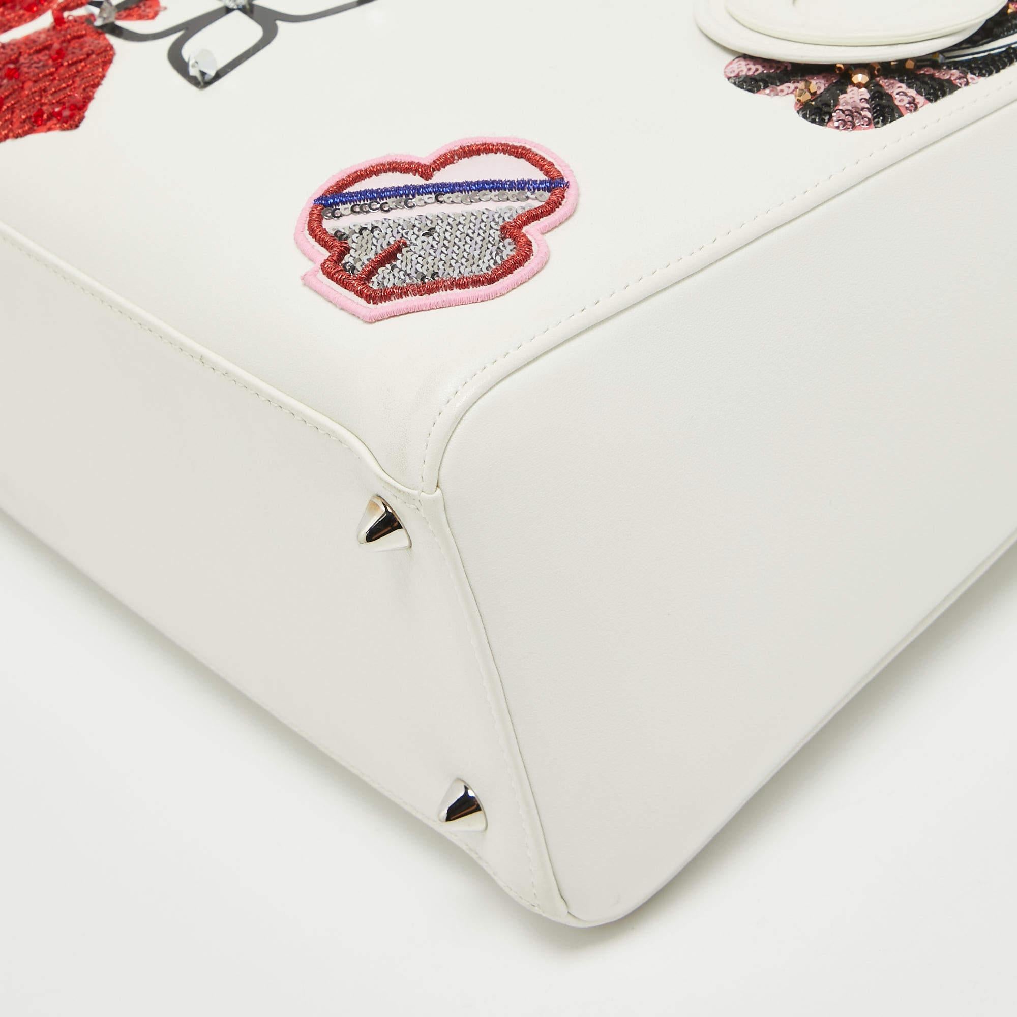 Dior White Leather Medium Sequin and Embroidered Lady Dior Tote For Sale 6
