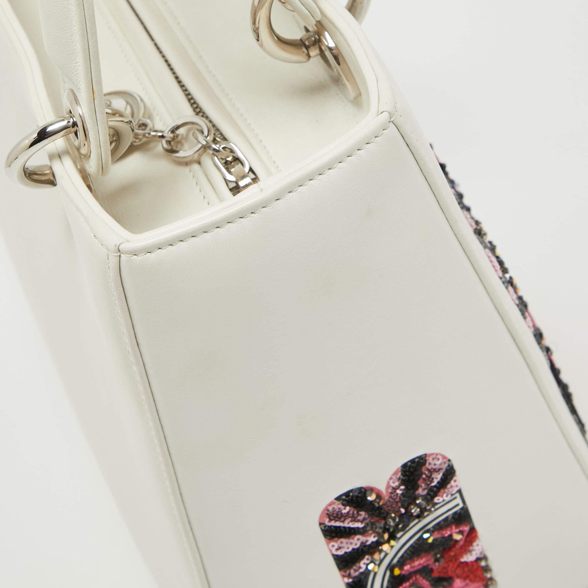 Dior White Leather Medium Sequin and Embroidered Lady Dior Tote For Sale 8