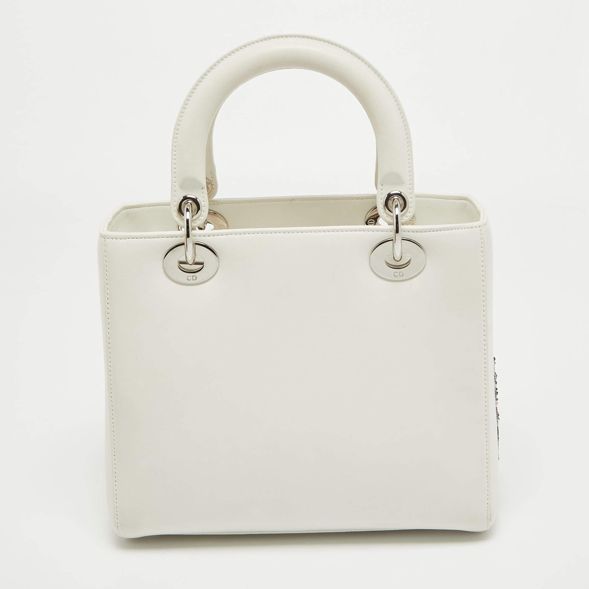Dior White Leather Medium Sequin and Embroidered Lady Dior Tote For Sale 15