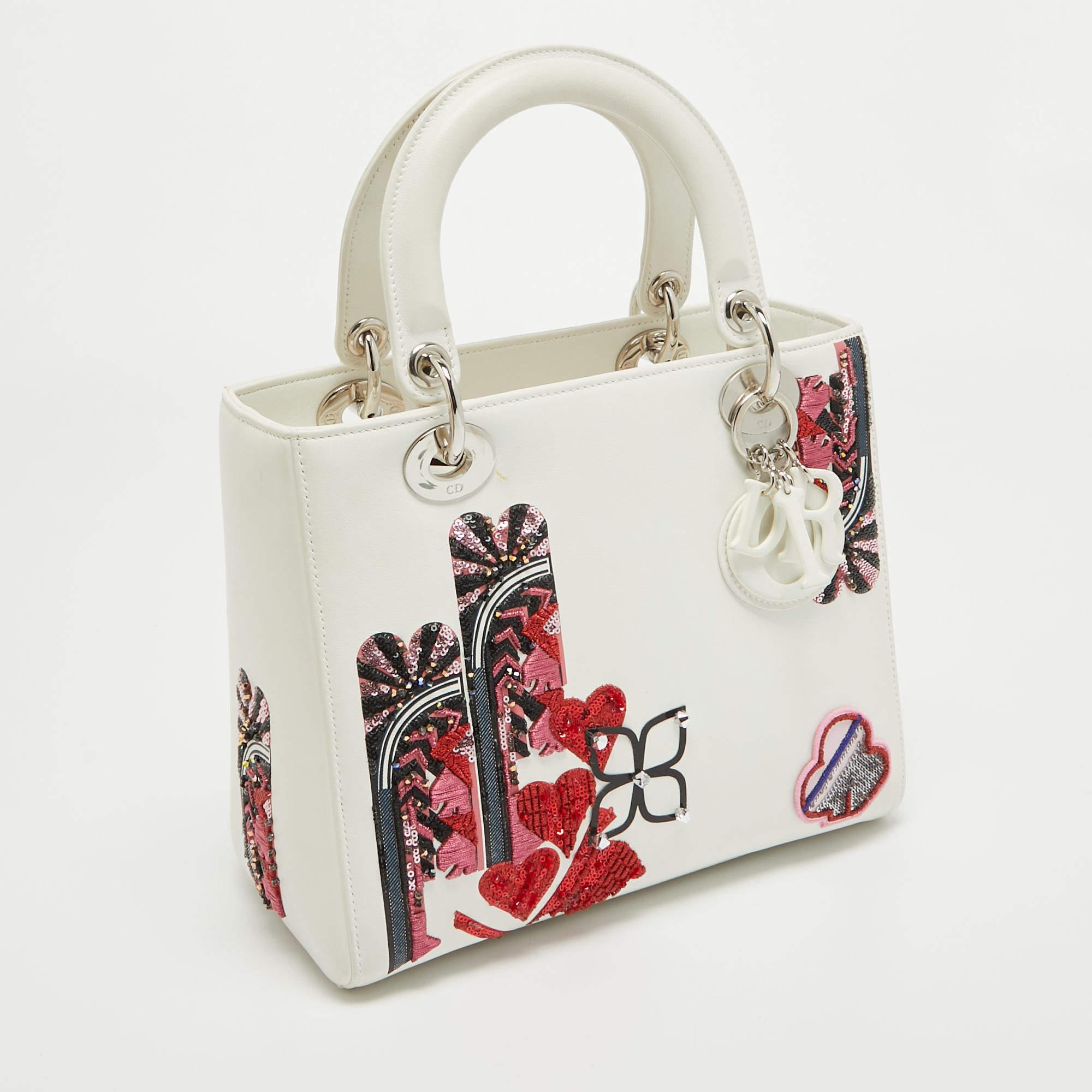 Dior White Leather Medium Sequin and Embroidered Lady Dior Tote In Good Condition For Sale In Dubai, Al Qouz 2