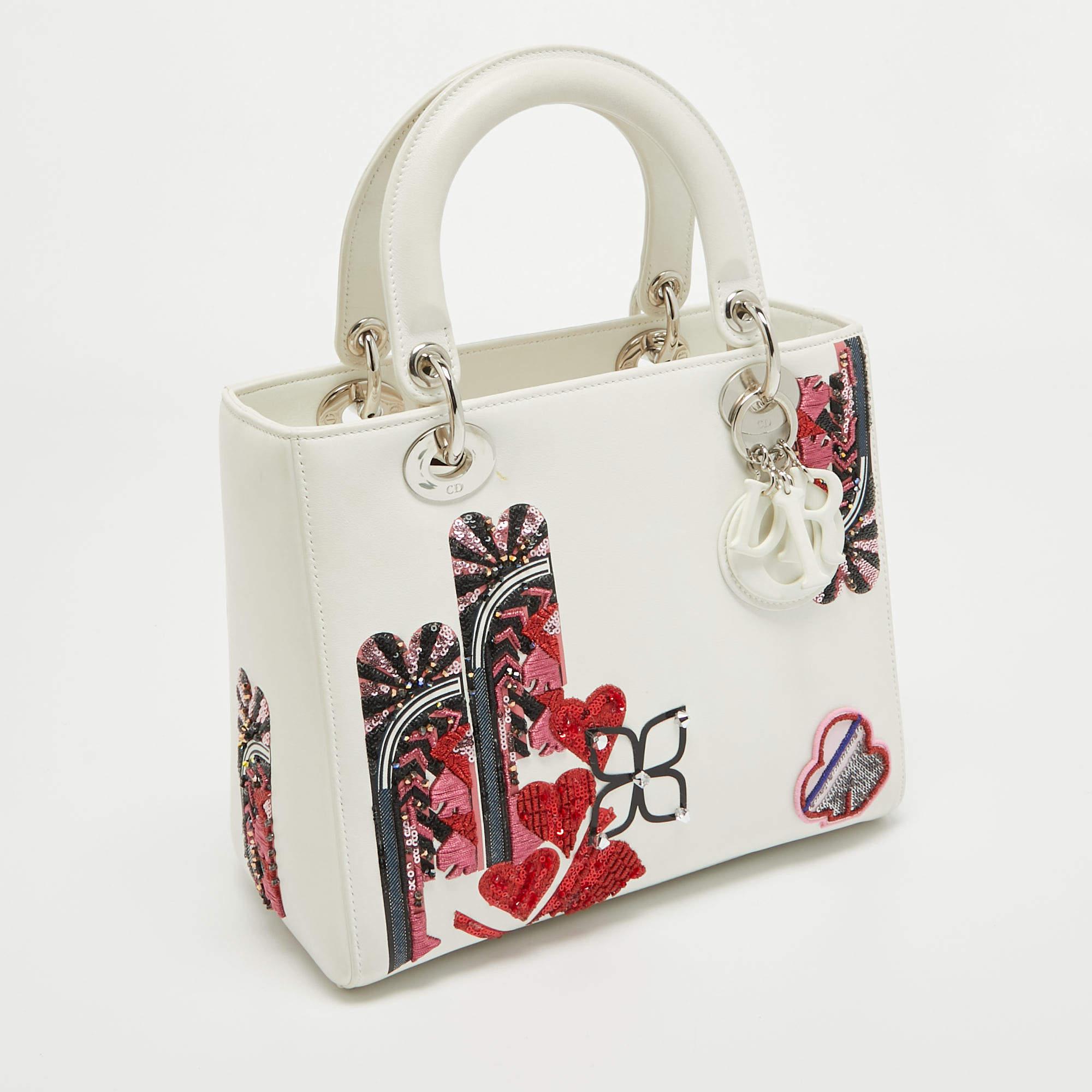 Women's Dior White Leather Medium Sequin and Embroidered Lady Dior Tote For Sale