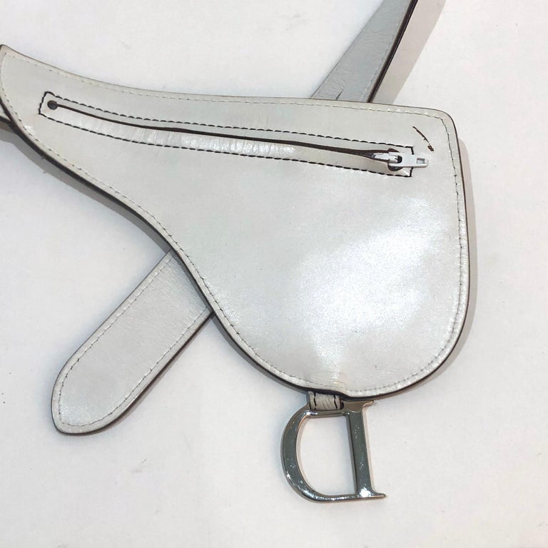 Beige Dior White Leather Silver 'D' Charm Stitch Small Fanny Pack Waist Bum Belt Bag For Sale