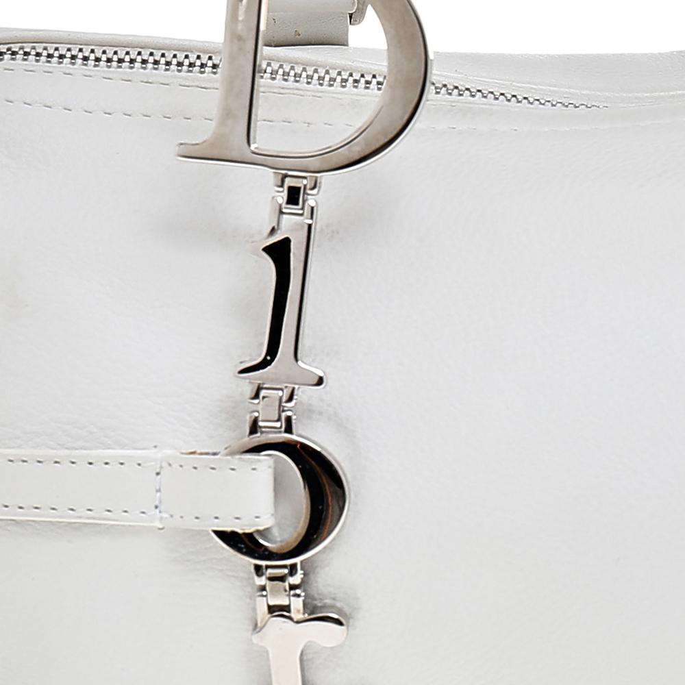 Dior White Leather Vintage Logo Charms Boston Bag 3