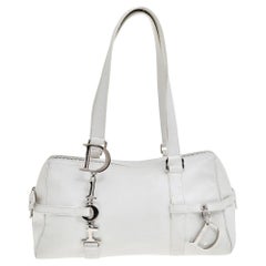 Dior White Leather Vintage Logo Charms Boston Bag