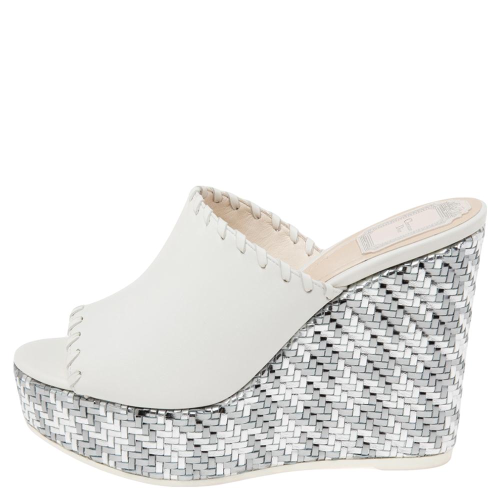 Gray Dior White Leather Wedge Platform Open Toe Sandals Size 40