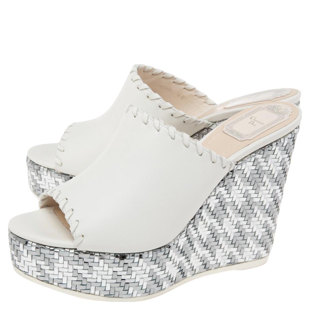 Women's Dior White Leather Wedge Platform Open Toe Sandals Size 40