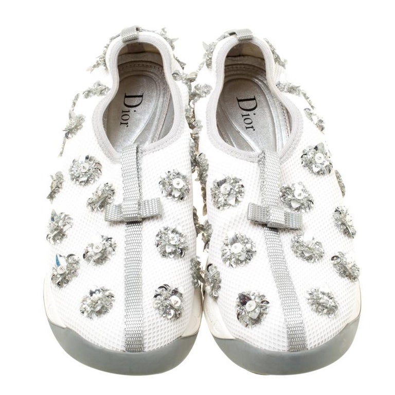 Dior White Mesh Fusion Floral Embellished Slip On Sneakers Size 37.5