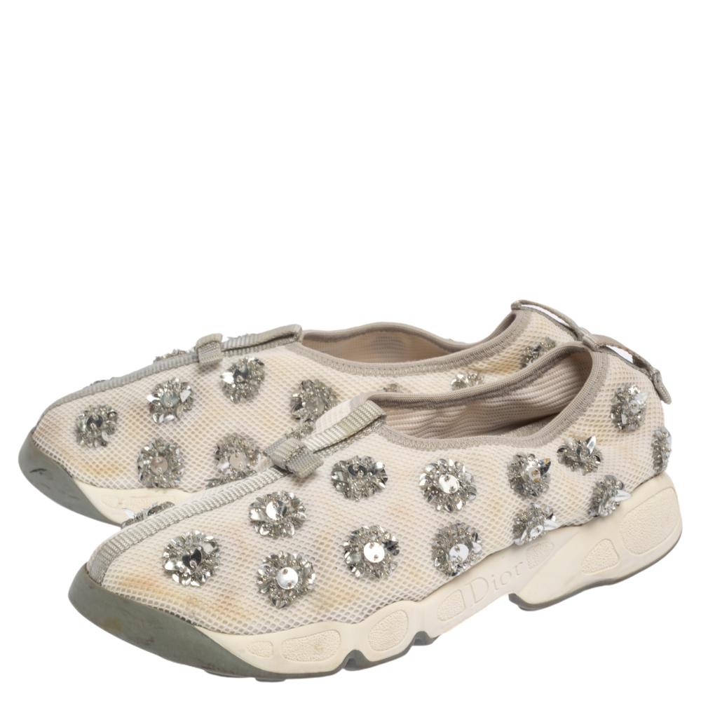 Women's Dior White Mesh Fusion Floral Embellished Slip On Sneakers Size 38 For Sale