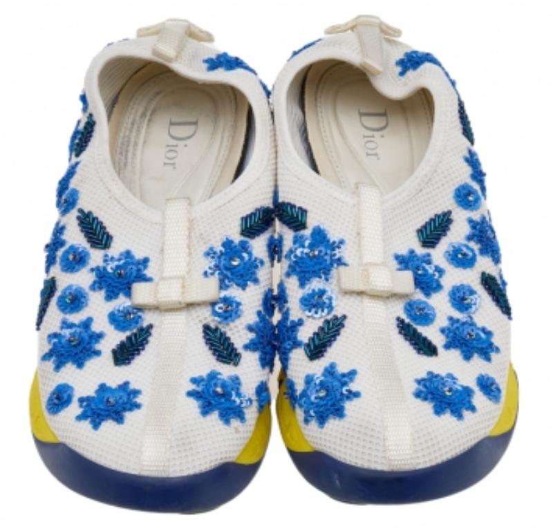 Women's Dior White Mesh Fusion Floral Sequins Embellished Slip On Sneakers Size 37 For Sale