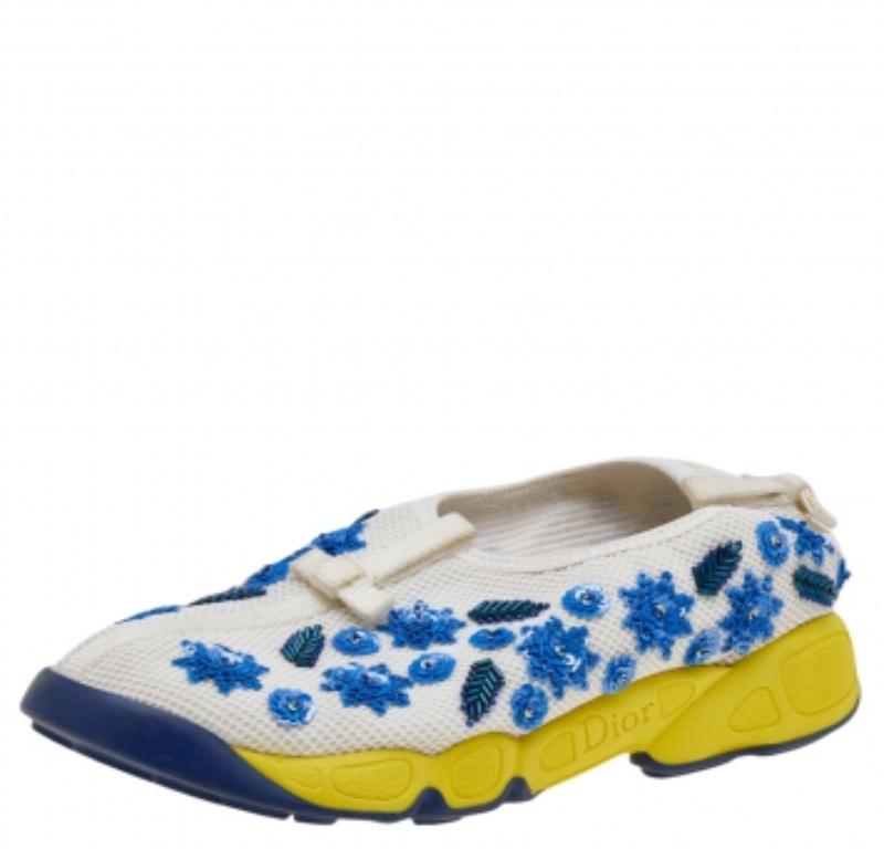 Dior White Mesh Fusion Floral Sequins Embellished Slip On Sneakers Size 37 For Sale 1