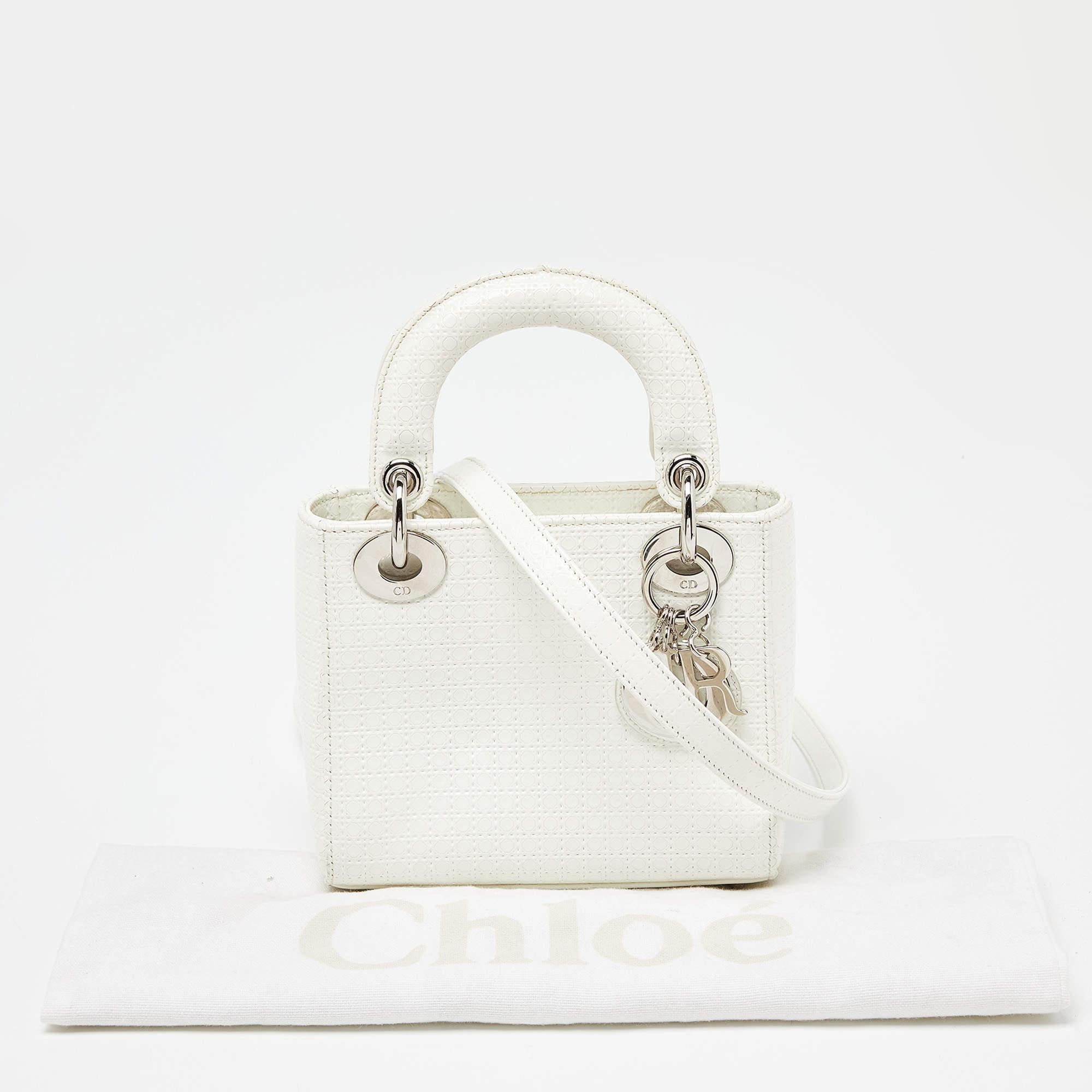 Dior White Microcannage Patent Leather Mini Chain Lady Dior Tote For Sale 6