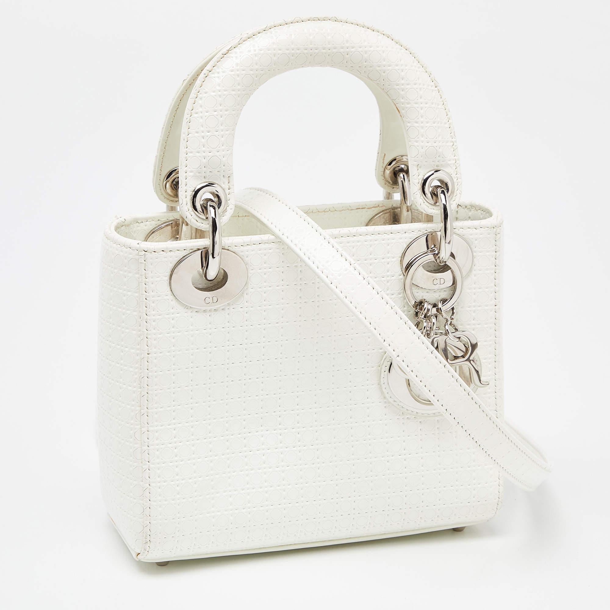 Dior White Microcannage Patent Leather Mini Chain Lady Dior Tote For Sale 7