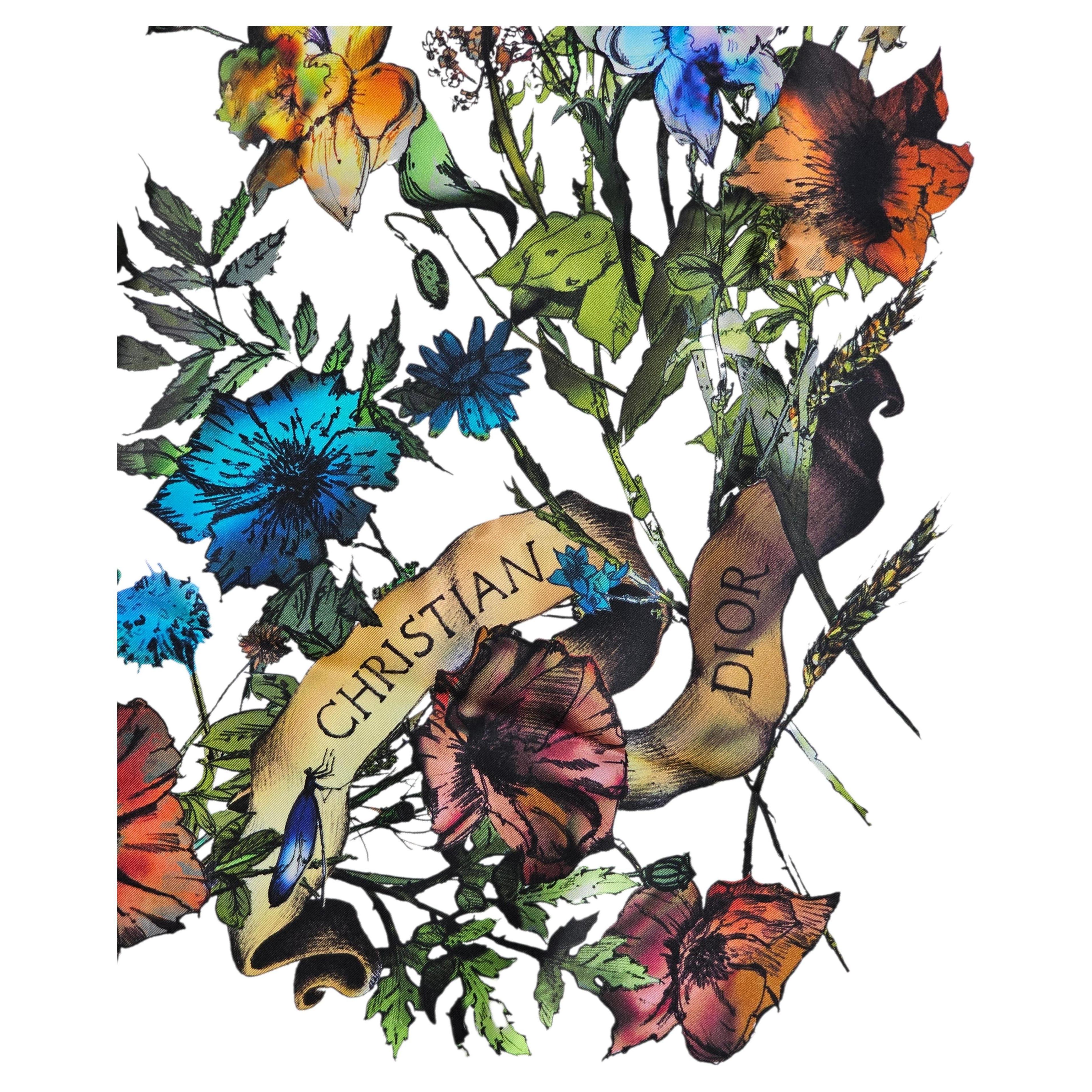 Dior White & Multi Floral Silk D-Millefiori Scarf 55x55 inch versatile design ! en vente