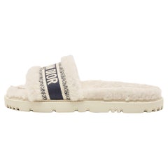 Dior White/Navy Blue Shearling Fur and Logo Canvas Dway Flat Slides Size 38