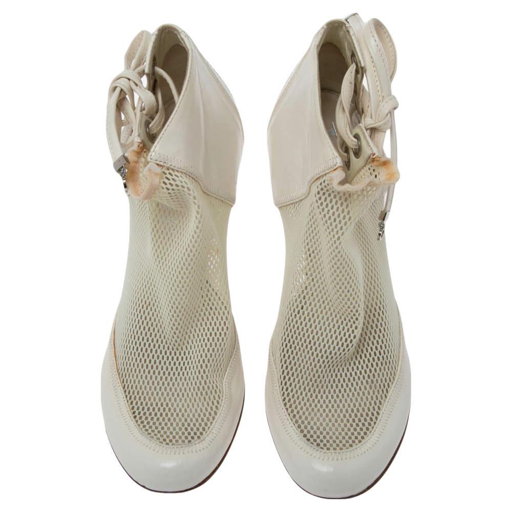 Brown Dior White Net And Leather Lace Up  Ankle Boots Size 35