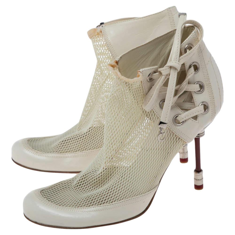 Dior White Net And Leather Lace Up  Ankle Boots Size 35 In Excellent Condition In Dubai, Al Qouz 2