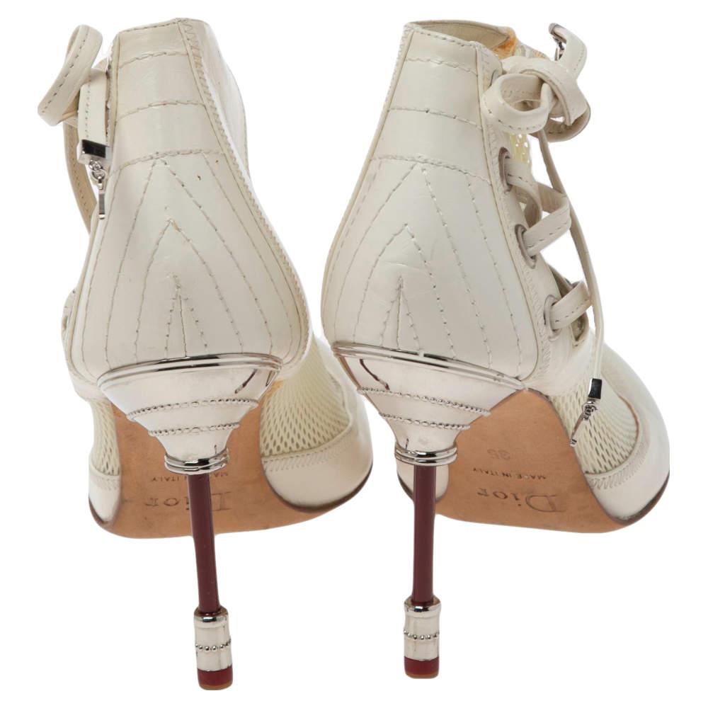 Women's Dior White Net And Leather Lace Up  Ankle Boots Size 35