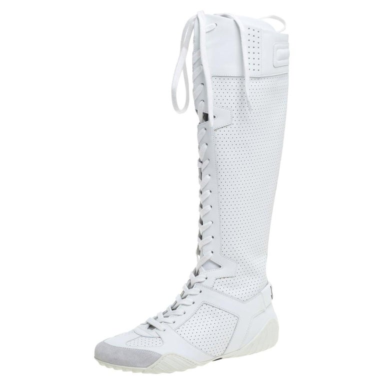 Dior White Perforated Leather D-Fence Knee-High Lace-up Sneaker Size 36.5  at 1stDibs | knee high white sneakers, knee high lace up sneakers, white knee  high sneakers