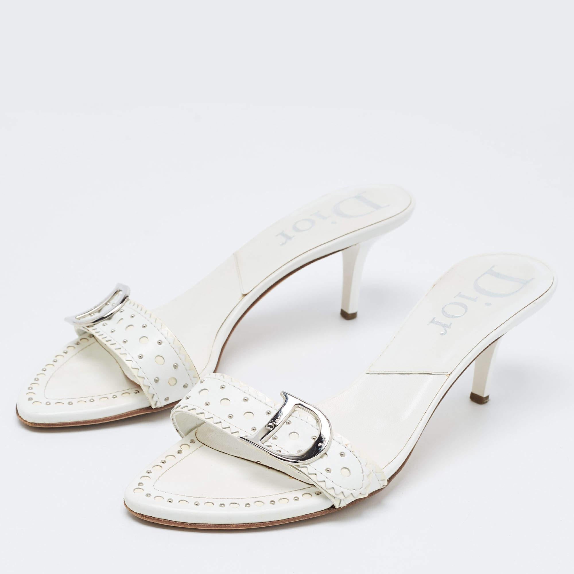 Women's Dior White Perforated Leather Logo Slide Sandals Size 37