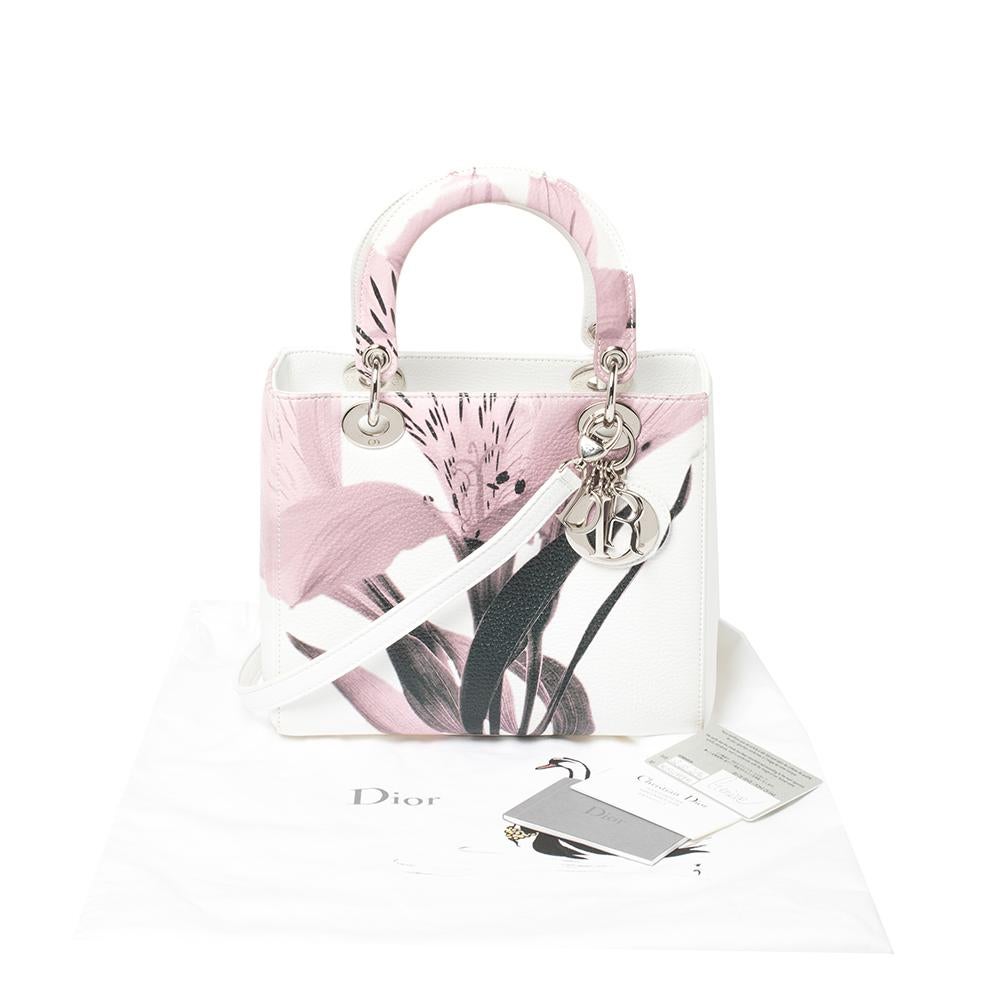 Dior White/Pink Floral Print Leather Medium Lady Dior Tote 4