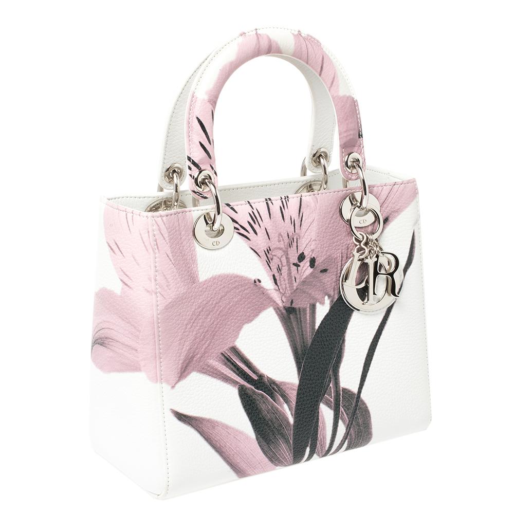 Dior White/Pink Floral Print Leather Medium Lady Dior Tote In Good Condition In Dubai, Al Qouz 2