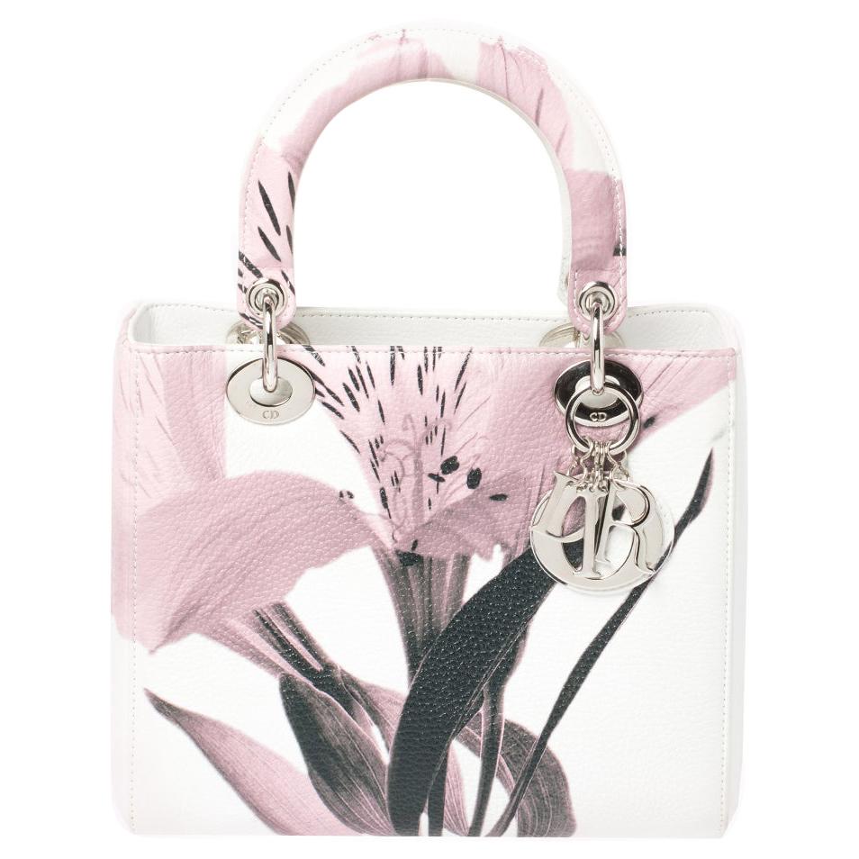Dior White/Pink Floral Print Leather Medium Lady Dior Tote