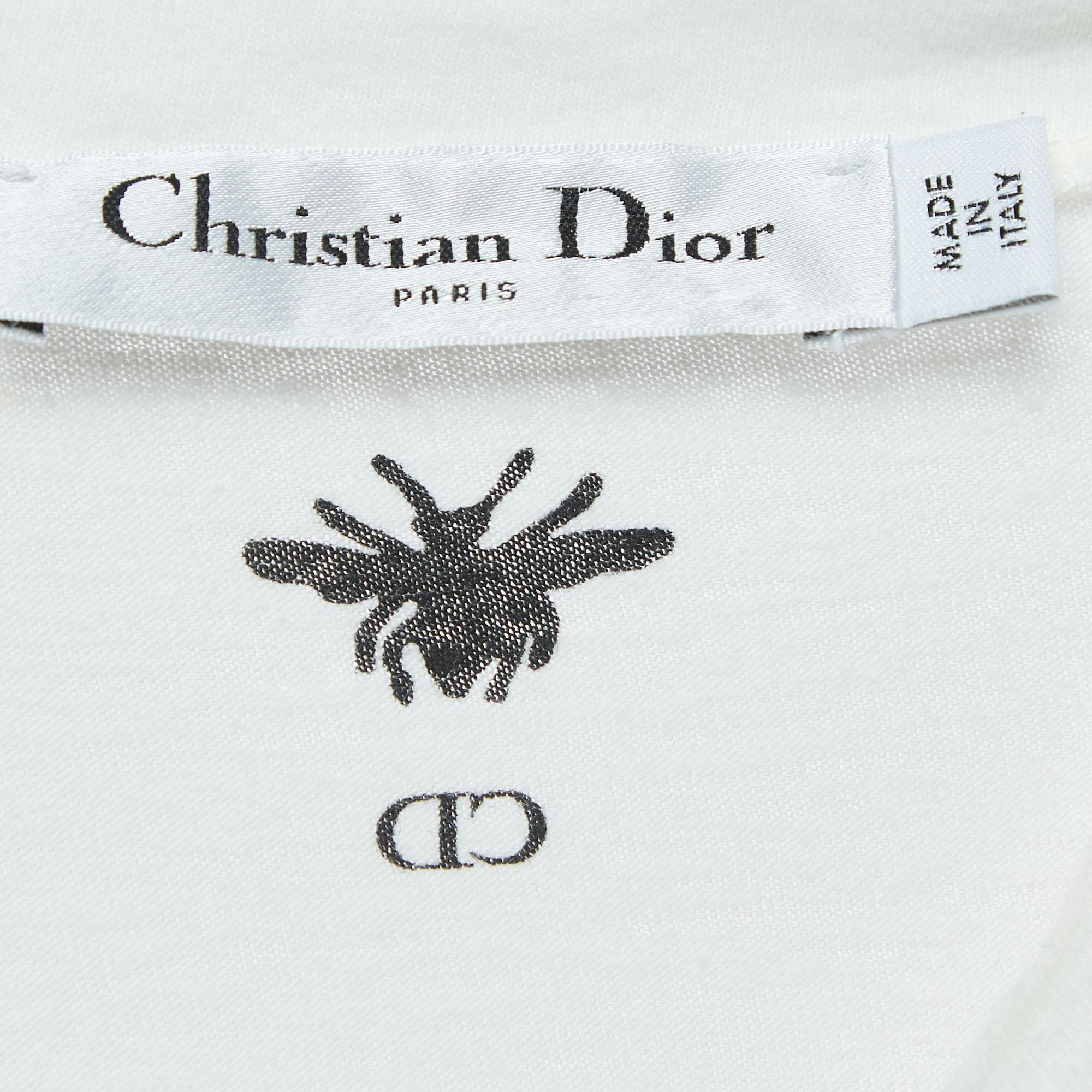 Dior White Printed Cotton and Linen Crew Neck T-Shirt S In Good Condition In Dubai, Al Qouz 2